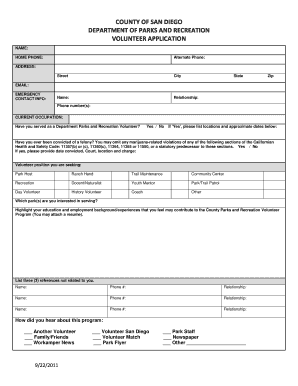 VOLUNTEER APPLICATION County of San Diego  Form