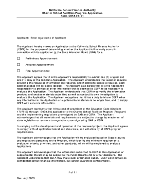  Charter School Facilities Program Application California School Finance Authority, Charter School Facilities Program Application 2009