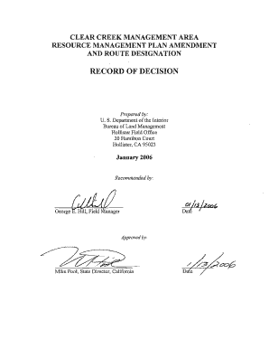 Clear Creek Management Area Resource Management Plan Amendment and Route Designation Record of Desion  Form