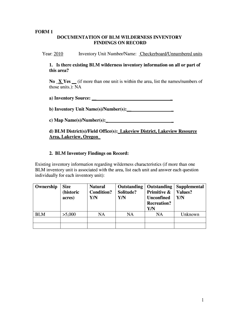 BLM State Wilderness Study DocumentsBureau of Land  Form