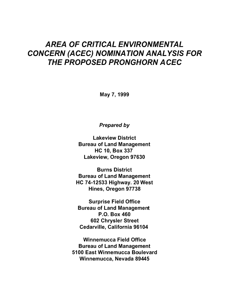 Area of Critical Environmental Concern Nomination Analysis for the Proposed Pronghorn ACEC Area of Critical Environmental Concer  Form