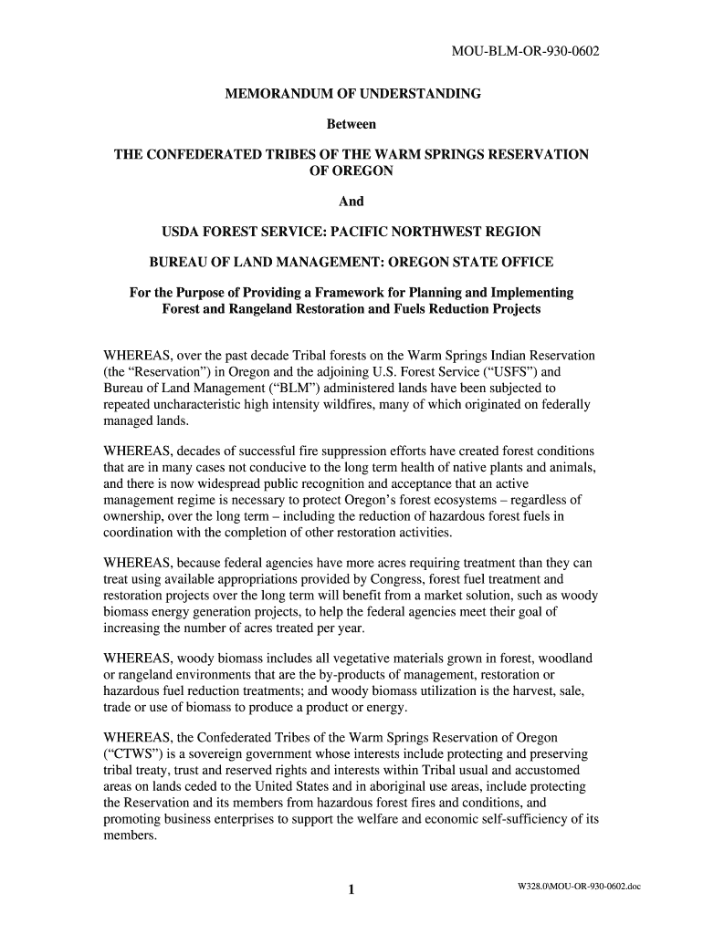 MOU or 930 0602, Memorandum of Understanding between the Confederated Tribes of Warm Springs, Forest Service and Bureau of Land   Form