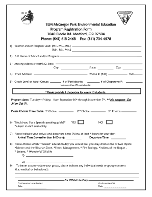 McGregor Park Registration Form McGregor Park Education Program Registration Blm