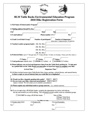 Table Rocks Environmental Education Program Hike Registration Form Blm