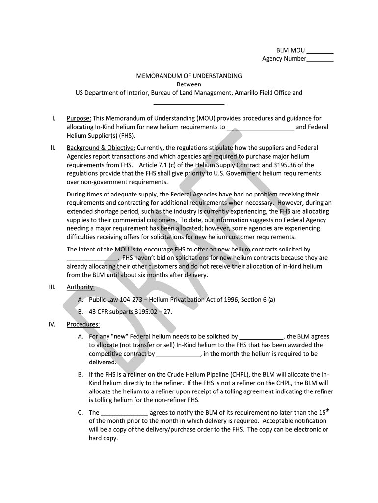 BLM MOU Agency Number MEMORANDUM of  Form