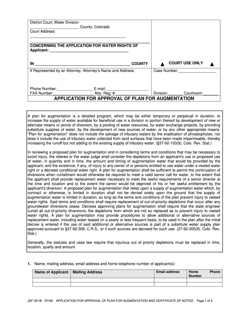 Application for Approval of Plan for Augmentation  Form