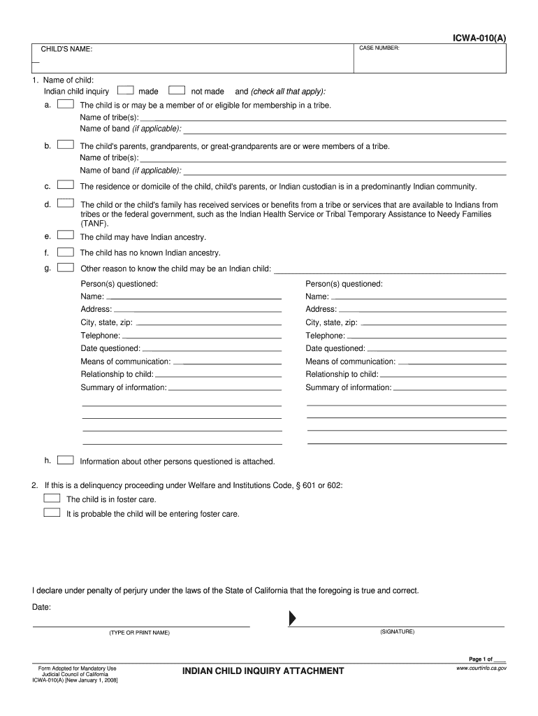 Form ICWA010A Indian Child Inquiry Attachment