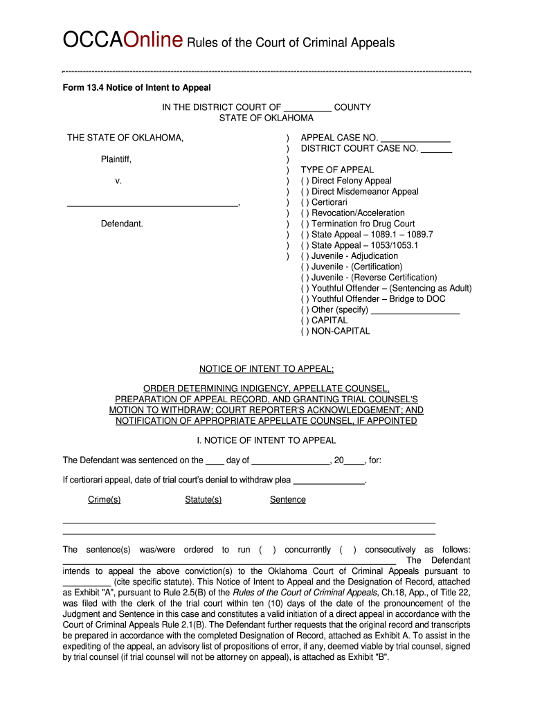 Oklahoma Notice of Appeal Supreme Court  Form