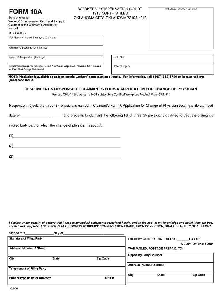 Respondent&#039;s Response to Claimant&#039;s Form a Application for Change of Physician