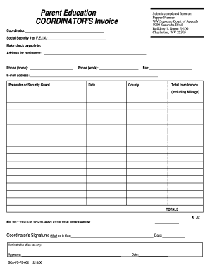 Parent Education COORDINATOR&#039;S Invoice  Form