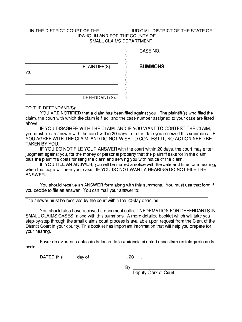 Form Small Claim Packet