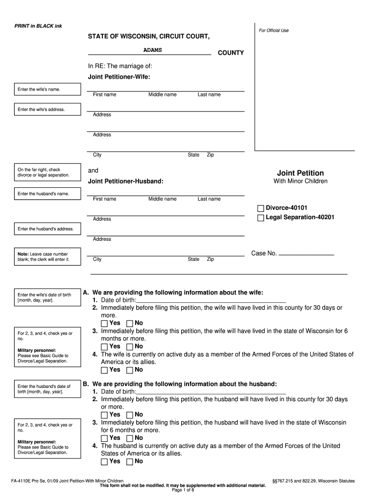 Form FA 4110E Divorce Joint Petition with Minor Children