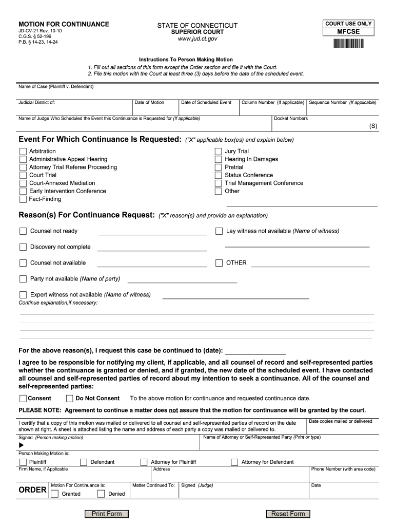 Get and Sign Form JD CV 21 Motion for Continuance 2010