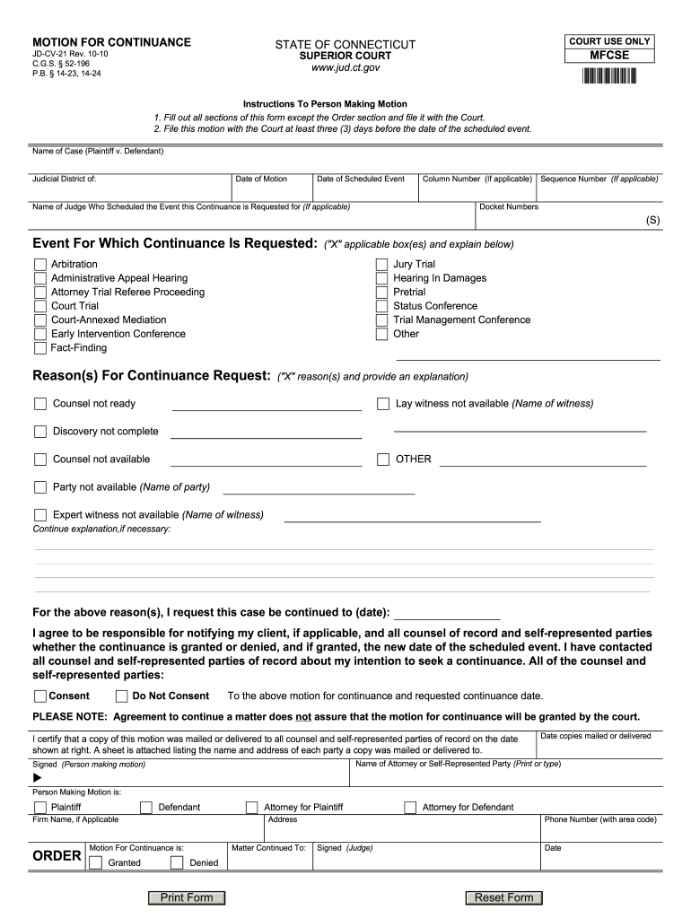  Form JD CV 21 Motion for Continuance 2010