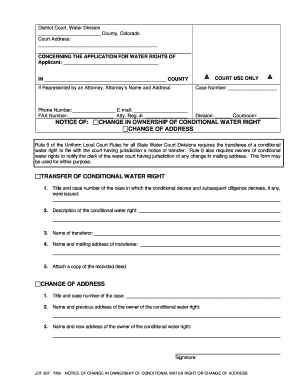 Notice of Change in Ownership of Conditional Water Right Andor Change of Address  Form