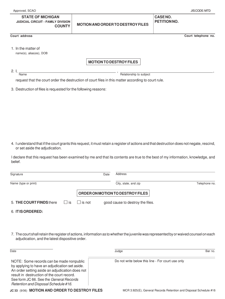 Motion and Order to Destroy Files  Form