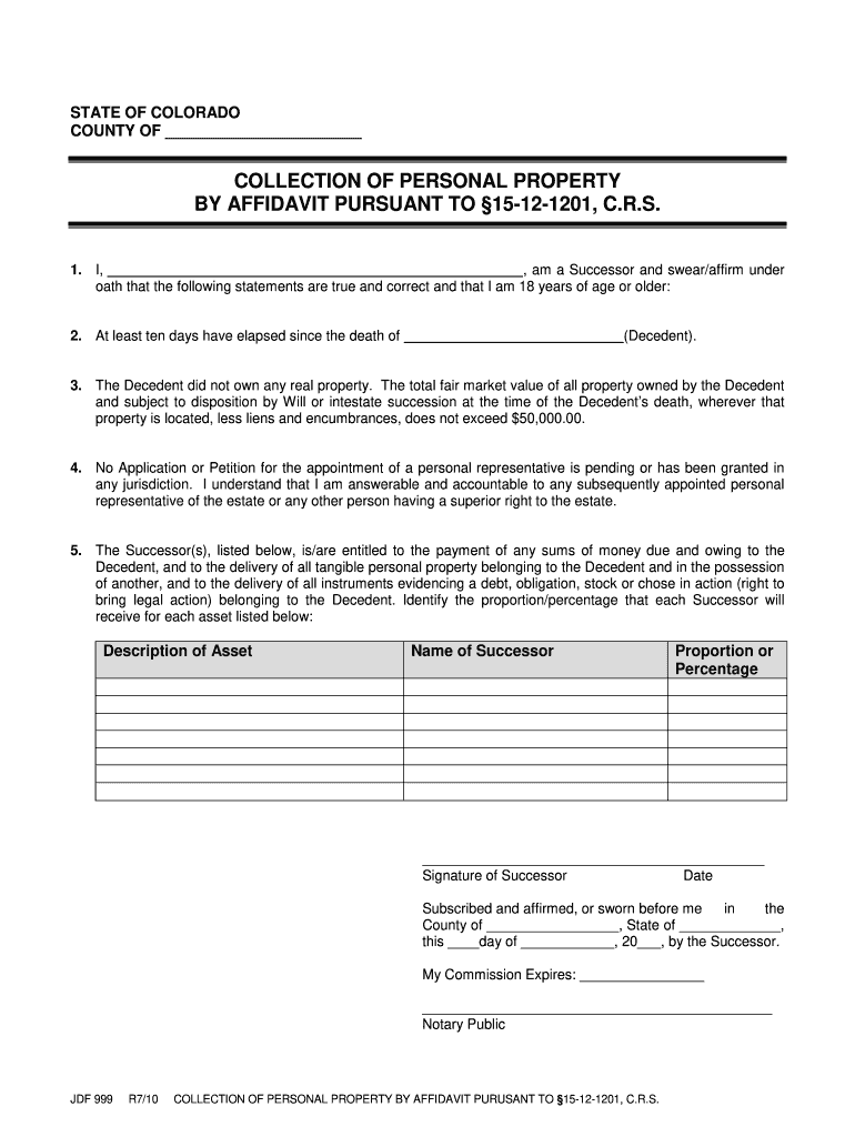 Affidavit of Collection of Personal Property  Form