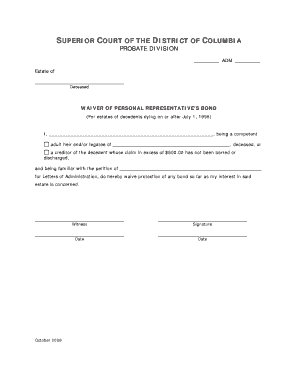 Waiver of Personal Representative???s Bond Updated October  Form
