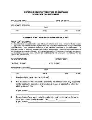 Delaware Concealed Carry Reference Form