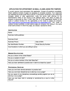 Application for Appointment as Small Claims Judge Pro Tempore  Form