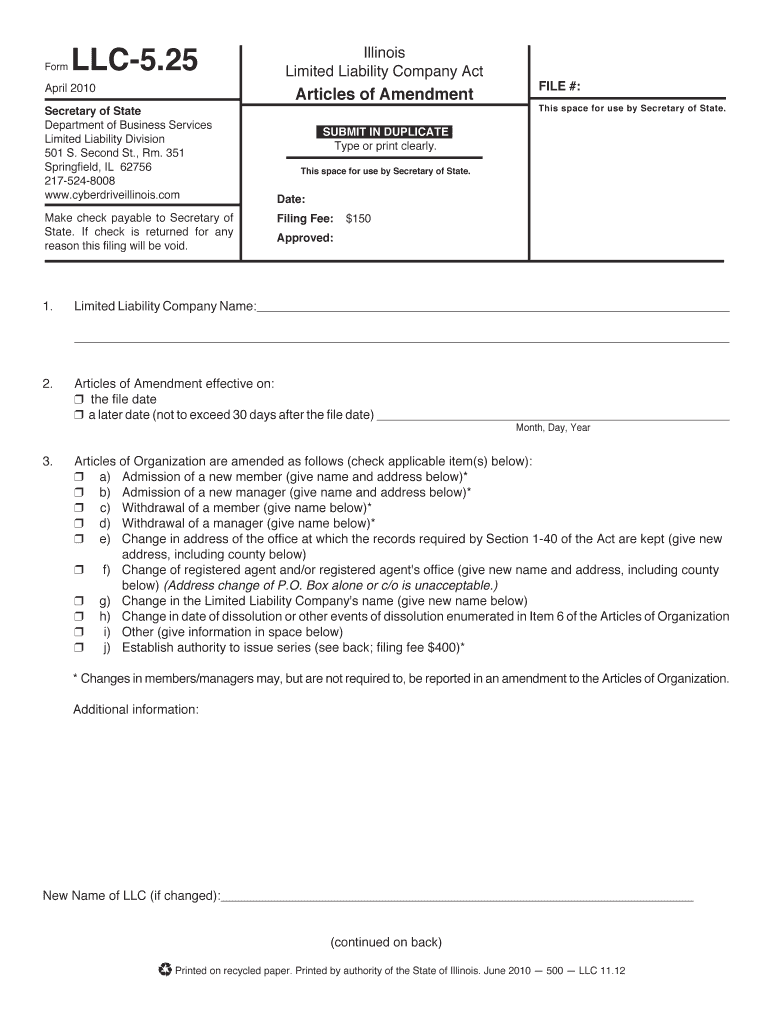 Llc 525 Articles of Amendment Form