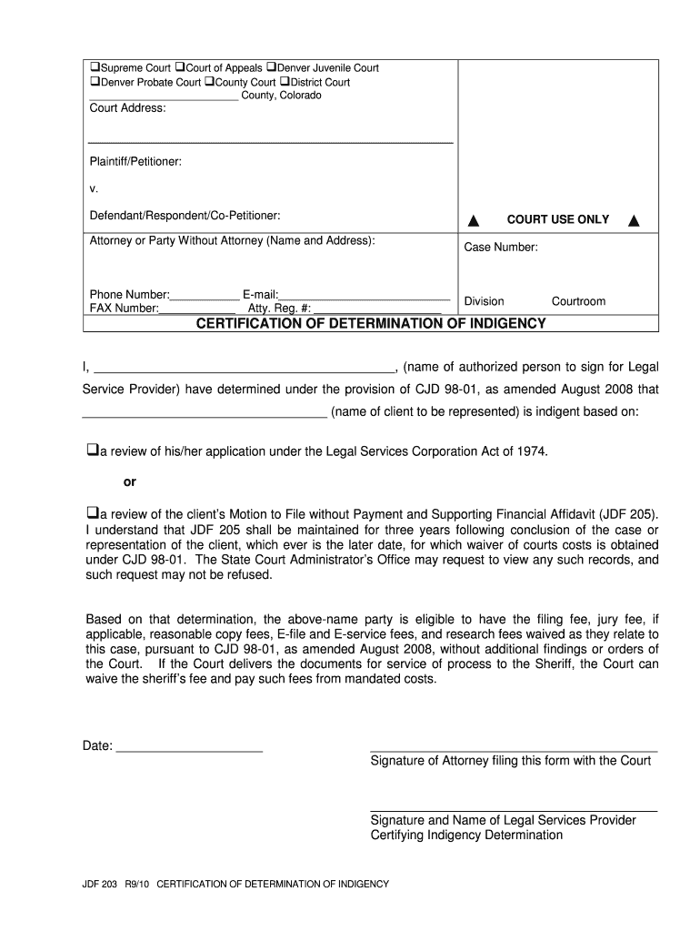 Certification of Determination of Indigency  Form