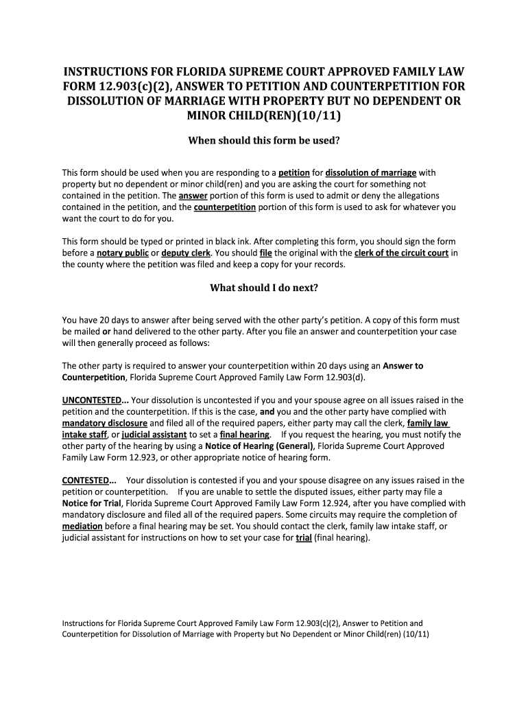  Florida Supreme Court Approved Family Law Form 12 903c2, Answer to Petition and Counterpetition for Dissolution of Marriage with 2011