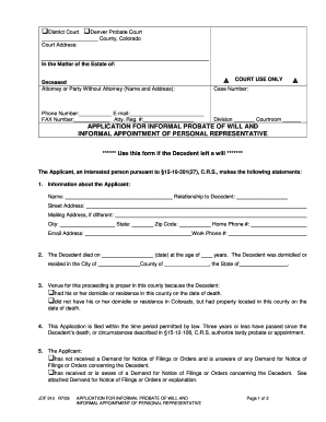 Application for Informal Probate of Will and Informal Appointment of Personal Representative