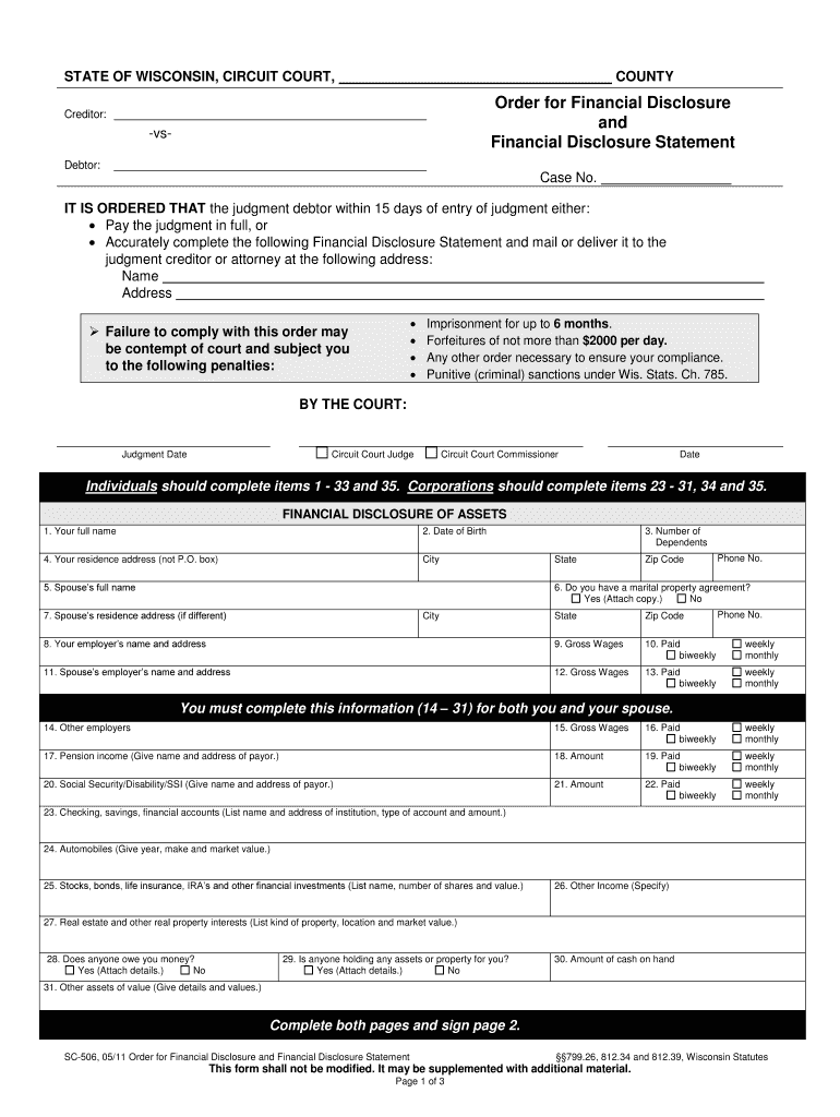  Sc 506 Form State of Wisconsin 2011