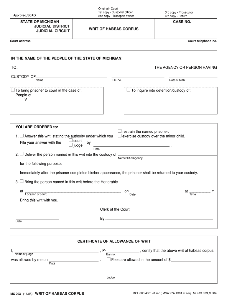  Michigan Writ of Habeas Corpus Fillable Form 1985 1985