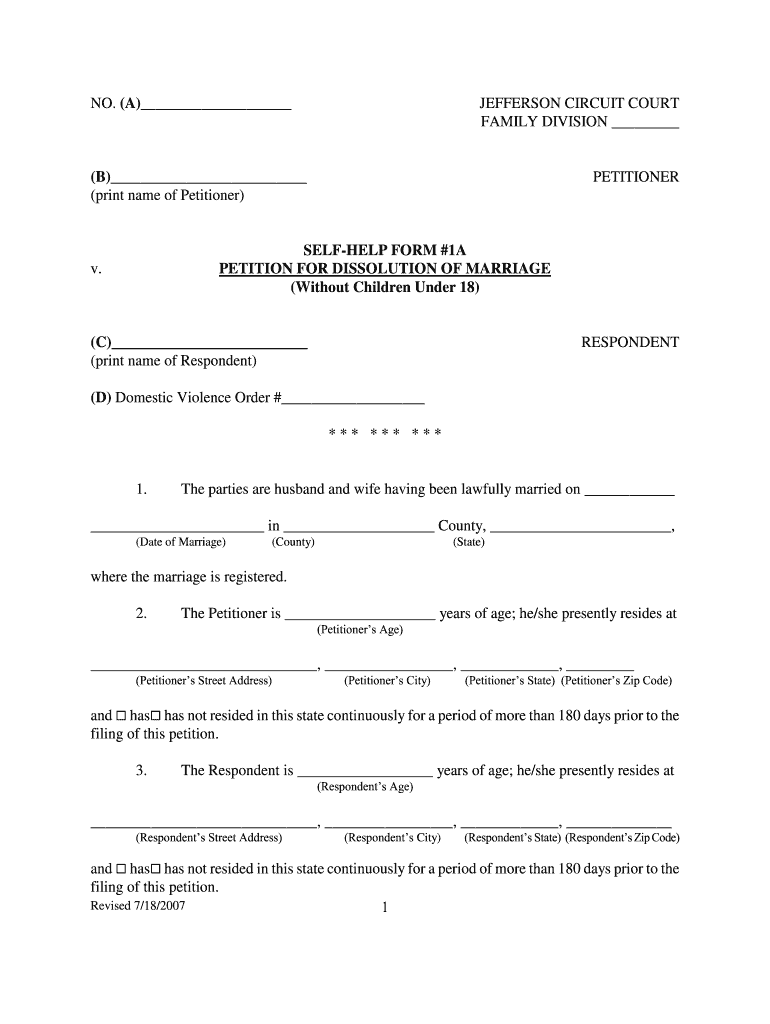  Petition for Dissolution of Marriage Kentucky Form 2007-2024