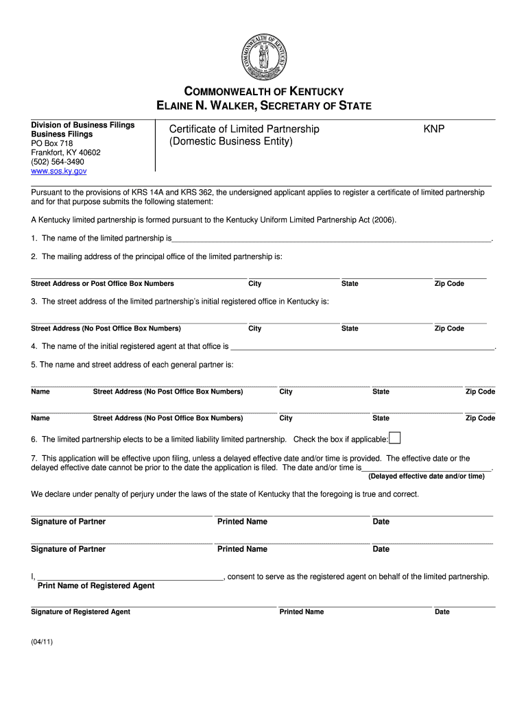 Form KNP Certificate of Limited Partnership