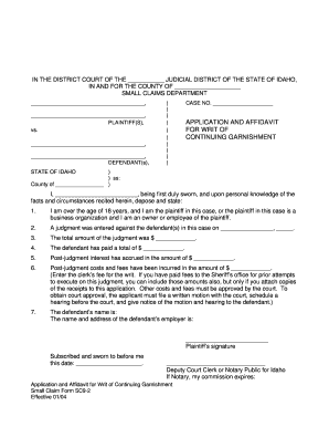 Idaho Application and Affidavit for Writ of Continuing Garnishment Form
