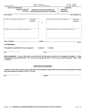 Order Following Hearing on Application for Leave to Appeal  Form