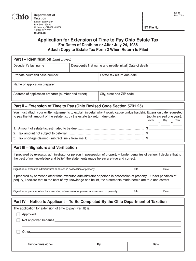 Application for Extension of Time to Pay Ohio Estate Tax  Form