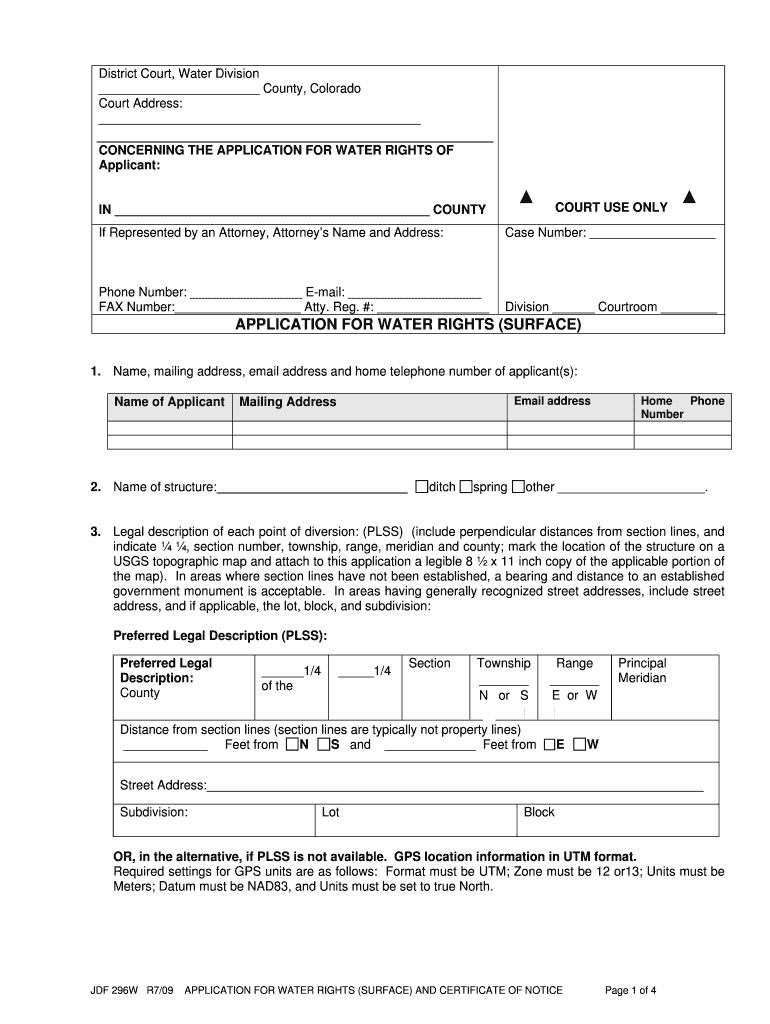Application for Water Rights Surface  Form