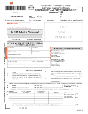  Hawaii N 15 Income Tax Return for Form 2019