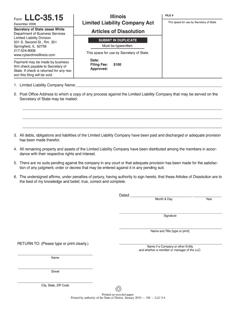 Illinois Llc 35 15 Articles of Dissolution  Form