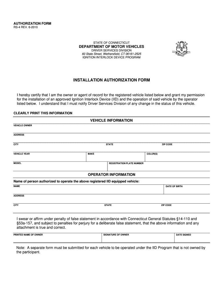 Form RS 4 Installation Authorization Form