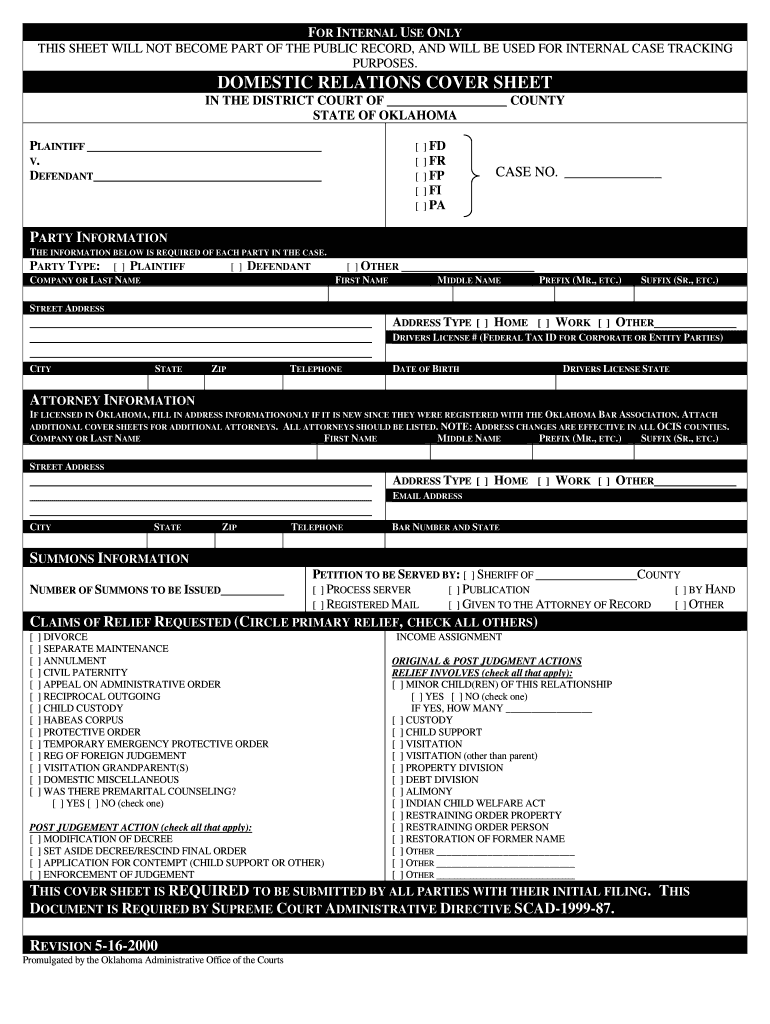 Domestic Relations Cover Sheet  Form