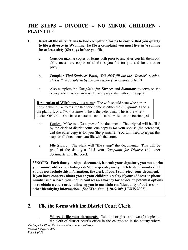 Instructions on Divorce with No Minor Children  Form