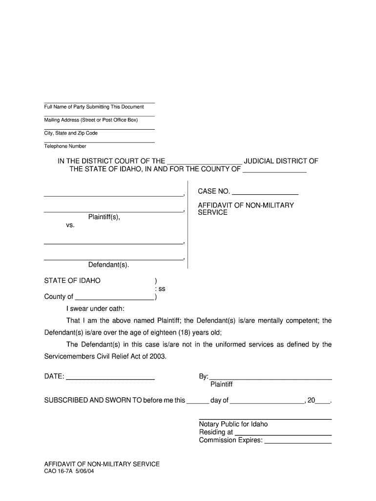 Affidavit of Non Military Service Form