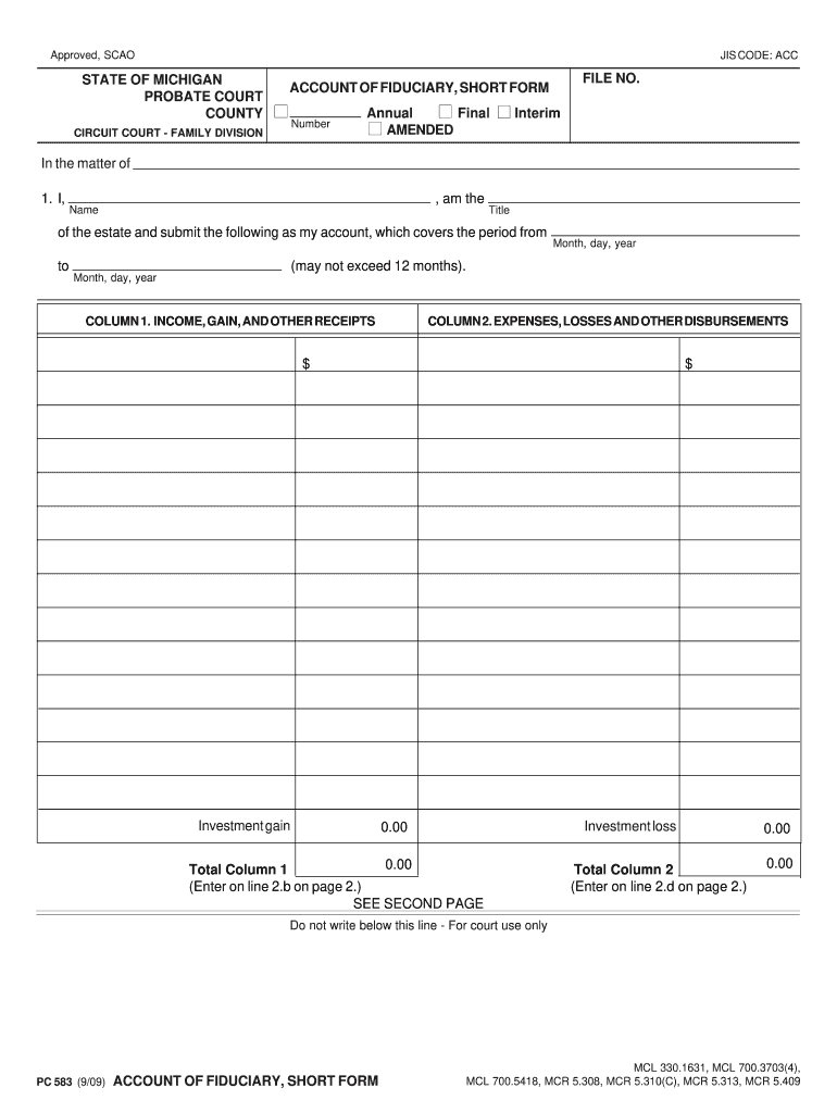  Account of Fiduciary Short Form Michigan 2009