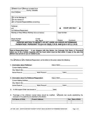 Verified Motion to Modify or Set Aside an Order Determining Parentage  Form