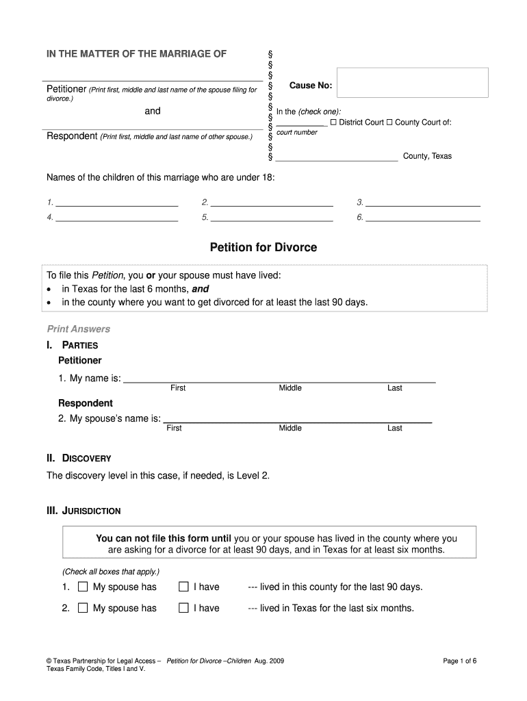 Free Printable Divorce Forms Texas