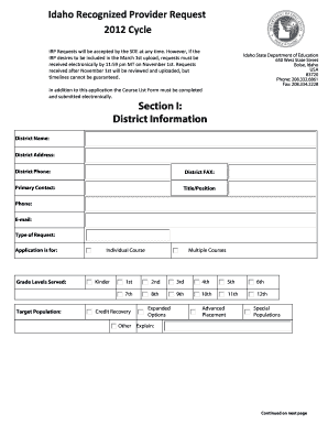 Idaho Recognized Provider Request Cycle Section I District  Form