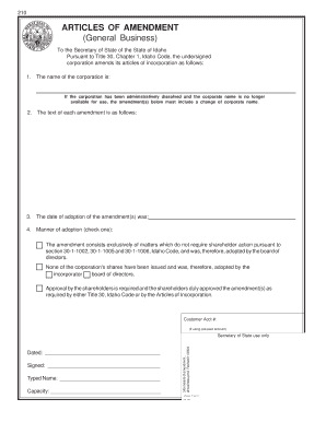 Articles of Amendment Idaho Secretary of State  Form