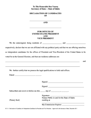 INDEPENDENT CANDIDATES for PRESIDENT and VICE  Form