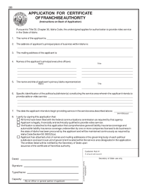 Application for Certificate of Franchise Authority Idaho Secretary of  Form