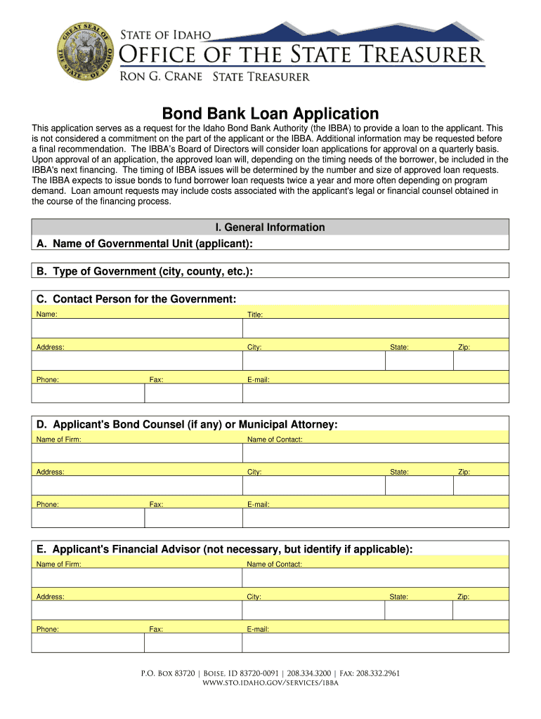 Bond Bank Loan Application Idaho State Treasurer&#039;s Office Sto Idaho  Form